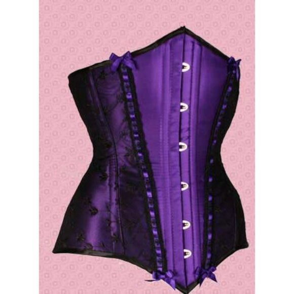 Purple Satin Black Lace Underbust Waist Cincher Corset Set - NEW - Picture 1 of 10